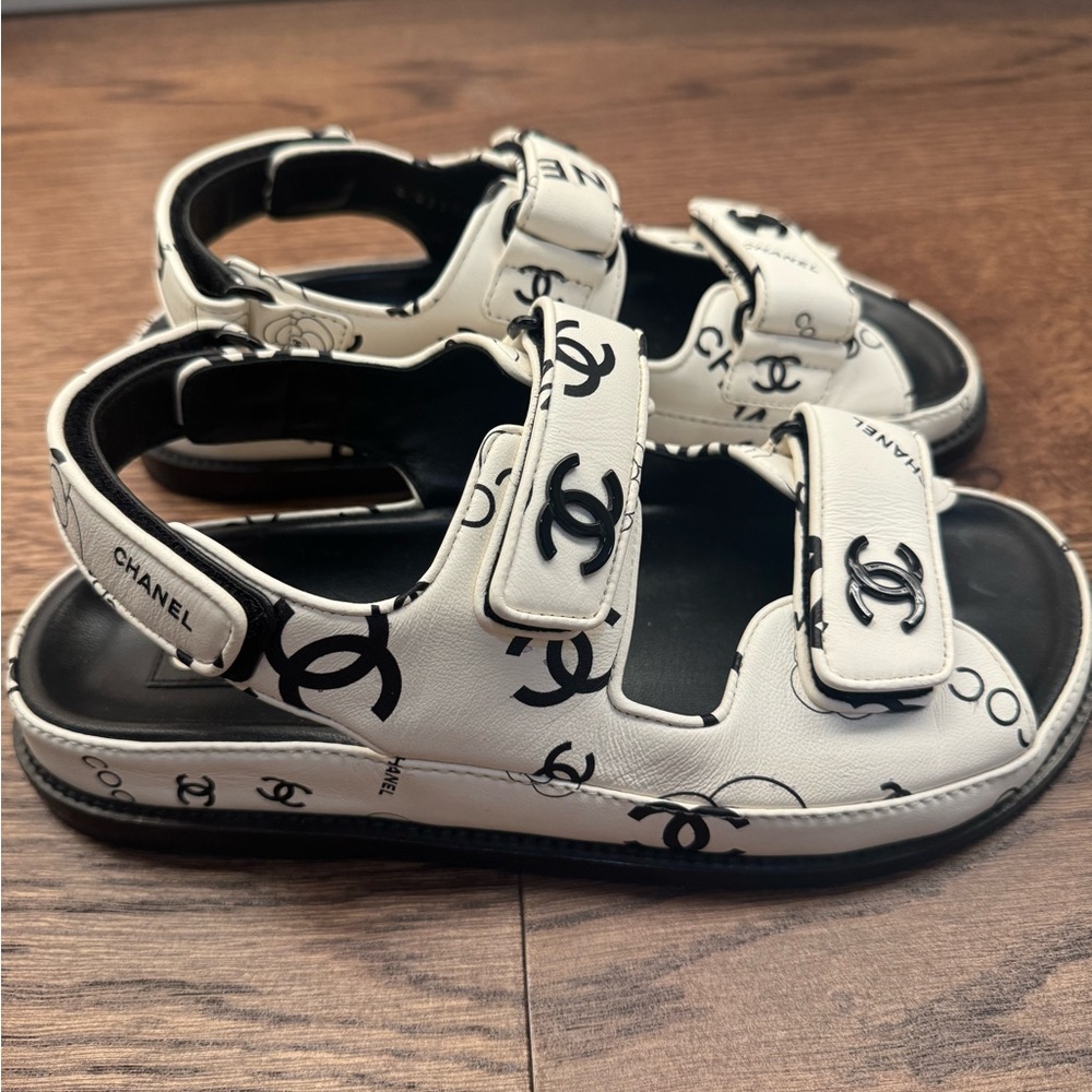 CHANEL Black and White Logo Dad Sandals - Picture 2 of 16